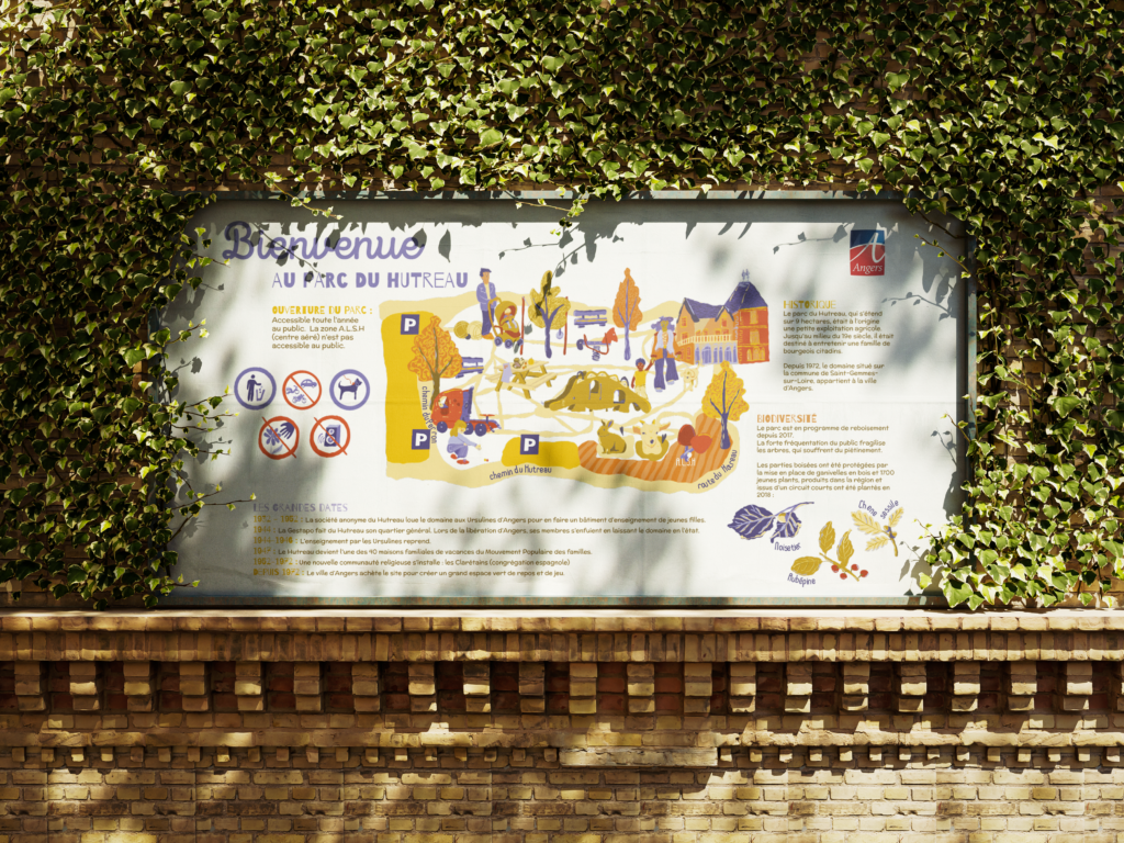 Mise en situation d'un panneau signalétique pédagogique pour présenter un parc de la ville d'Angers