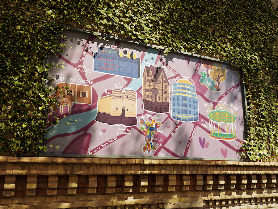 Affiche illustrée et colorée avec une illustration digitale des lieux emblématiques de la ville d'Angers sur un panneau végétalisé