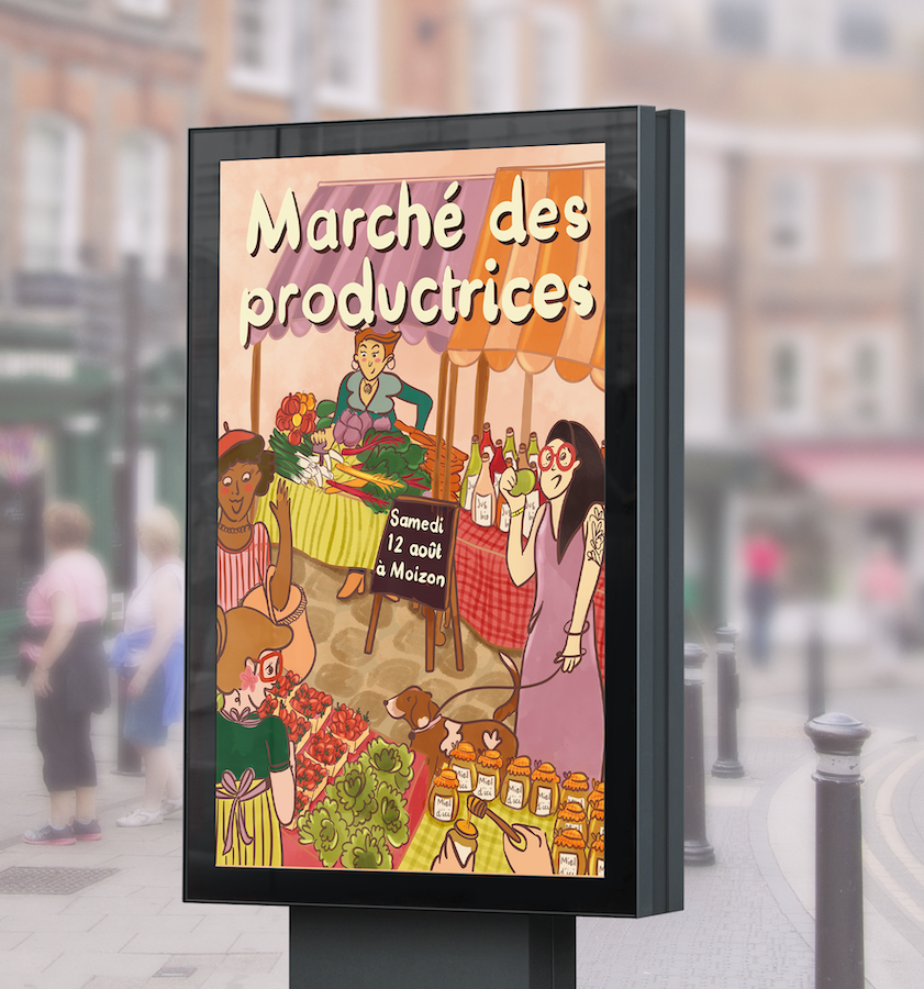 Illustration digitale et conception d'une affiche pour un marché paysan et marché de productrice en Bretagne mise en situation sur un panneau de la ville