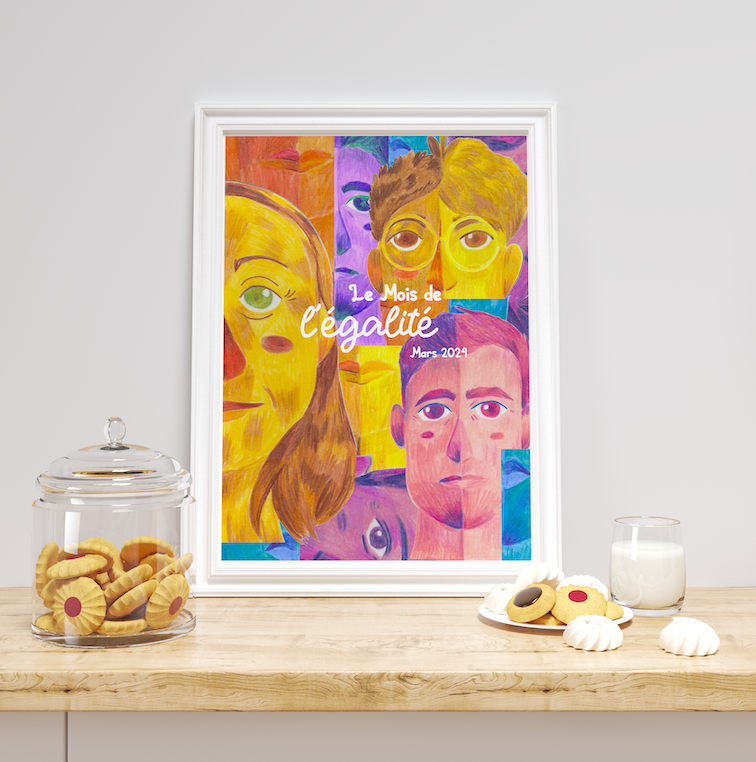 Mise en situation d'une illustration aux crayons de couleurs d'une affiche pour le Mois de l'égalité à partir de portraits géométriques
