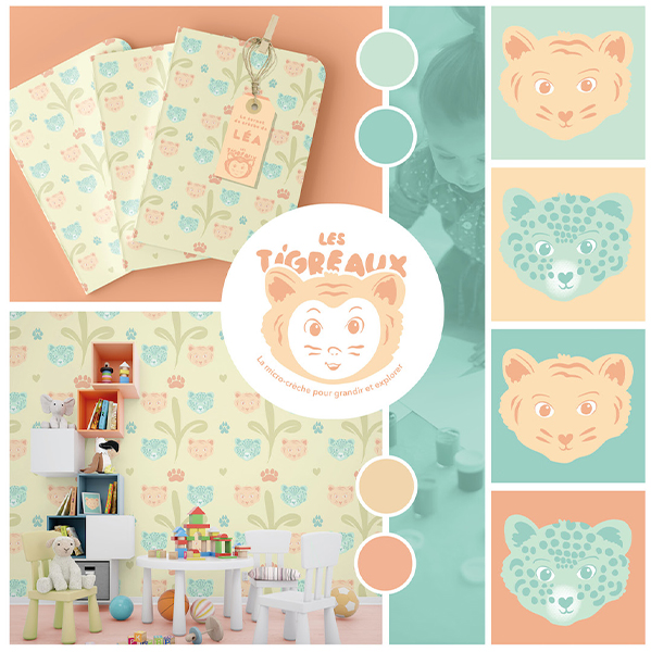 un logo et des illustrations aux couleurs douces pour l'identité visuelle d'une micro-crèche