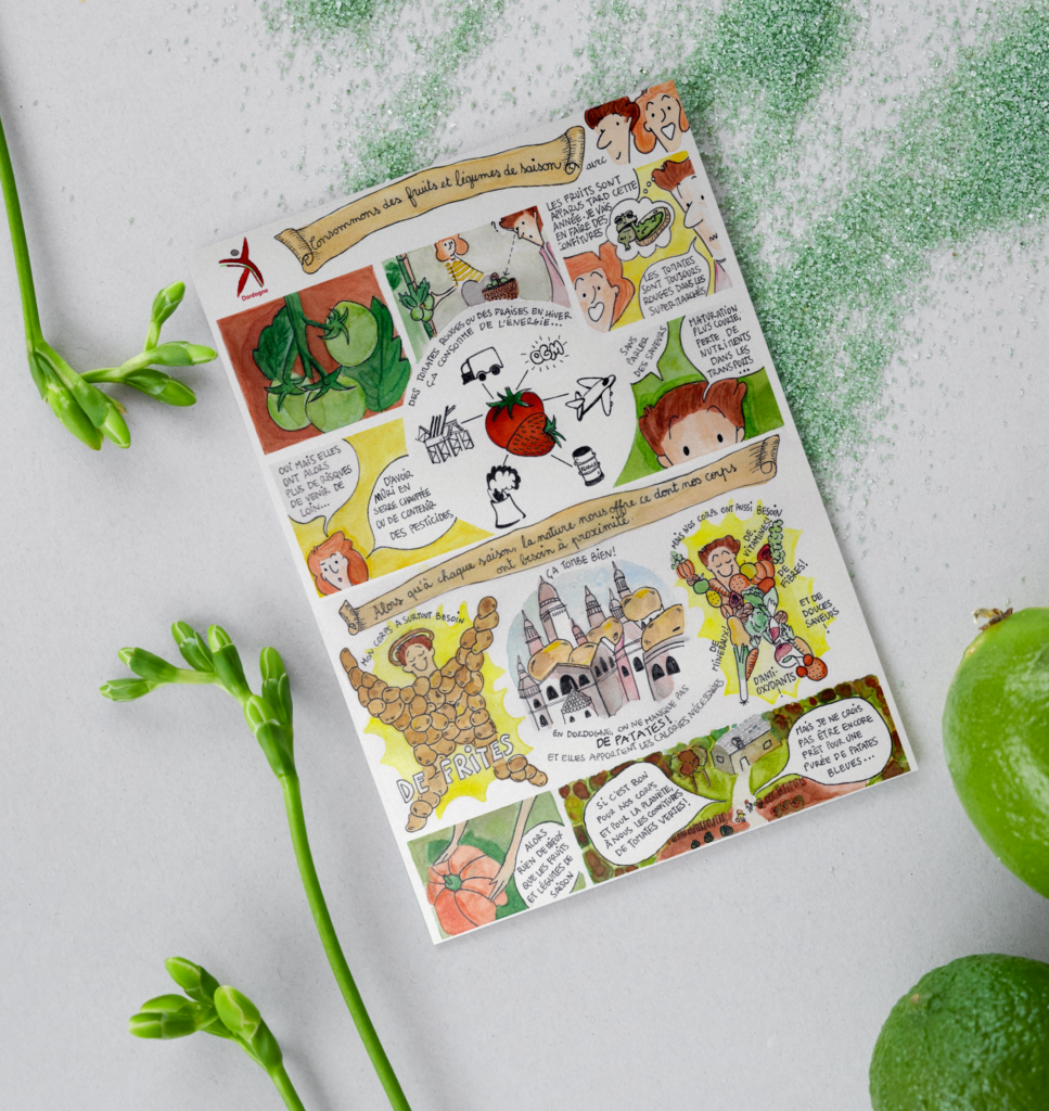 Planche de bd pédagogique réalisée à l'aquarelle et mise en situation pour sensibiliser à la consommation de fruits et légumes de saison