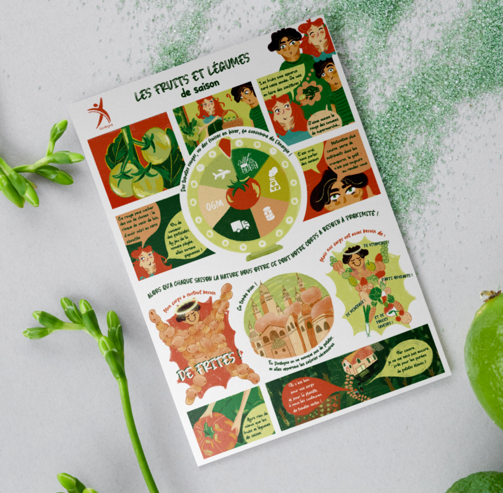 Mise en situation d'une planche de BD pédagogique pour promouvoir la consommation de fruits et légumes de saison avec des illustrations digitales aux couleurs vives à l'harmonie restreinte.